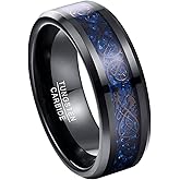 TUNGSTORY 8mm Black Tungsten Rings for Men Celtic Dragon Wedding Ring with Blue/Green Carbon Fiber/Red Opal Paper Inlay Comfort Fit Size 5-14