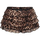 Verdusa Women's Plus Size Y2K Cheetah Print Ruffle Shorts Tiered Layered Low Waist Mesh Mini Shorts