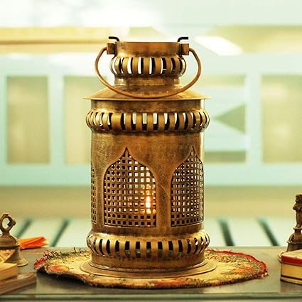 SADHUBELA Iron Jaisalmer Mehrab Art Burni Lantern with Diya (Gold_7 Inch X 7 Inch X 12.2 Inch)