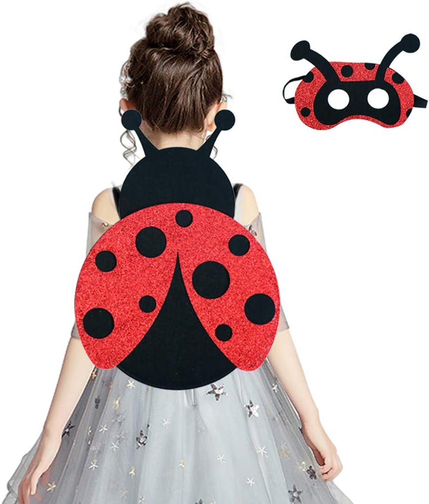 iROLEWIN Kids Ladybug Wings Costume for Girls with Antenna Headband Halloween Dress-up Glitter Red Black