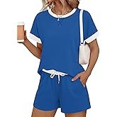 LOMON Women's 2 Piece Short Sets Summer Crew Neck Short Sleeve Matching Sets Outfits with Pockets