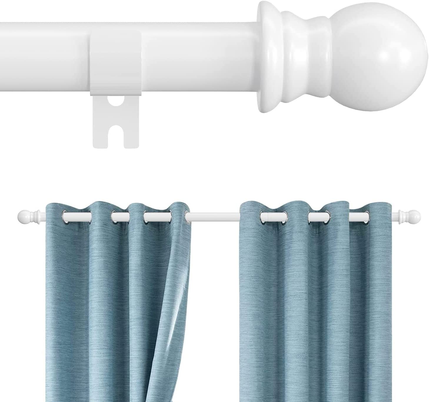 Curtain Pole with Round Finials, 76 to 284 cm White Curtain Rod with Brackets Fittings Set Window Poles for Living Room