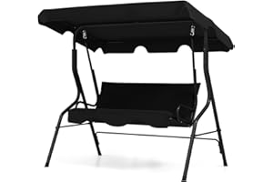 DORTALA 3-Seat Porch Swing Chair, Metal A-Frame Outdoor Swing with Adjustable Canopy for Patio, Garden, Poolside, Black