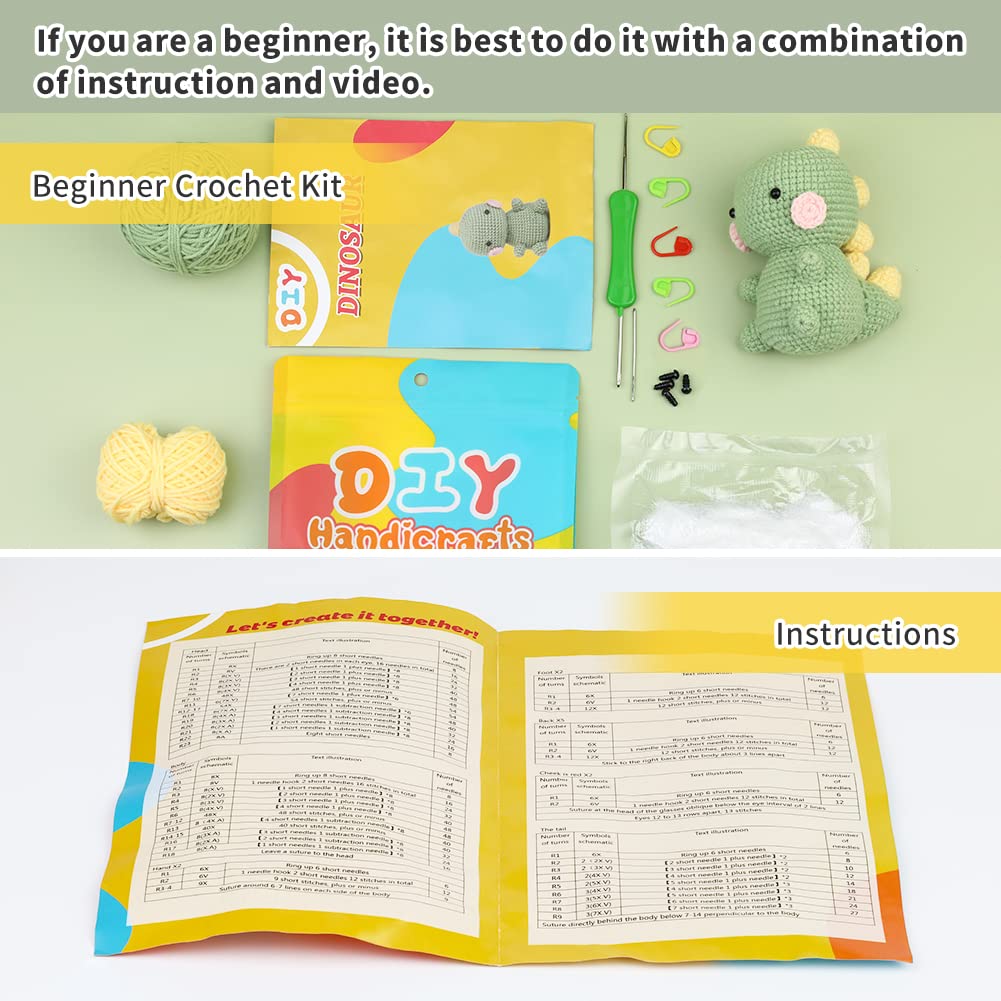 ZMAAGG Beginners Crochet Kit, Crochet Animal Kit, Knitting Kit with Yarn, Polyester Fiber, Crochet Hooks, Step-by-Step Instructions Video, Crochet Starter Kit for Beginner DIY Craft Art (Dinosaur)
