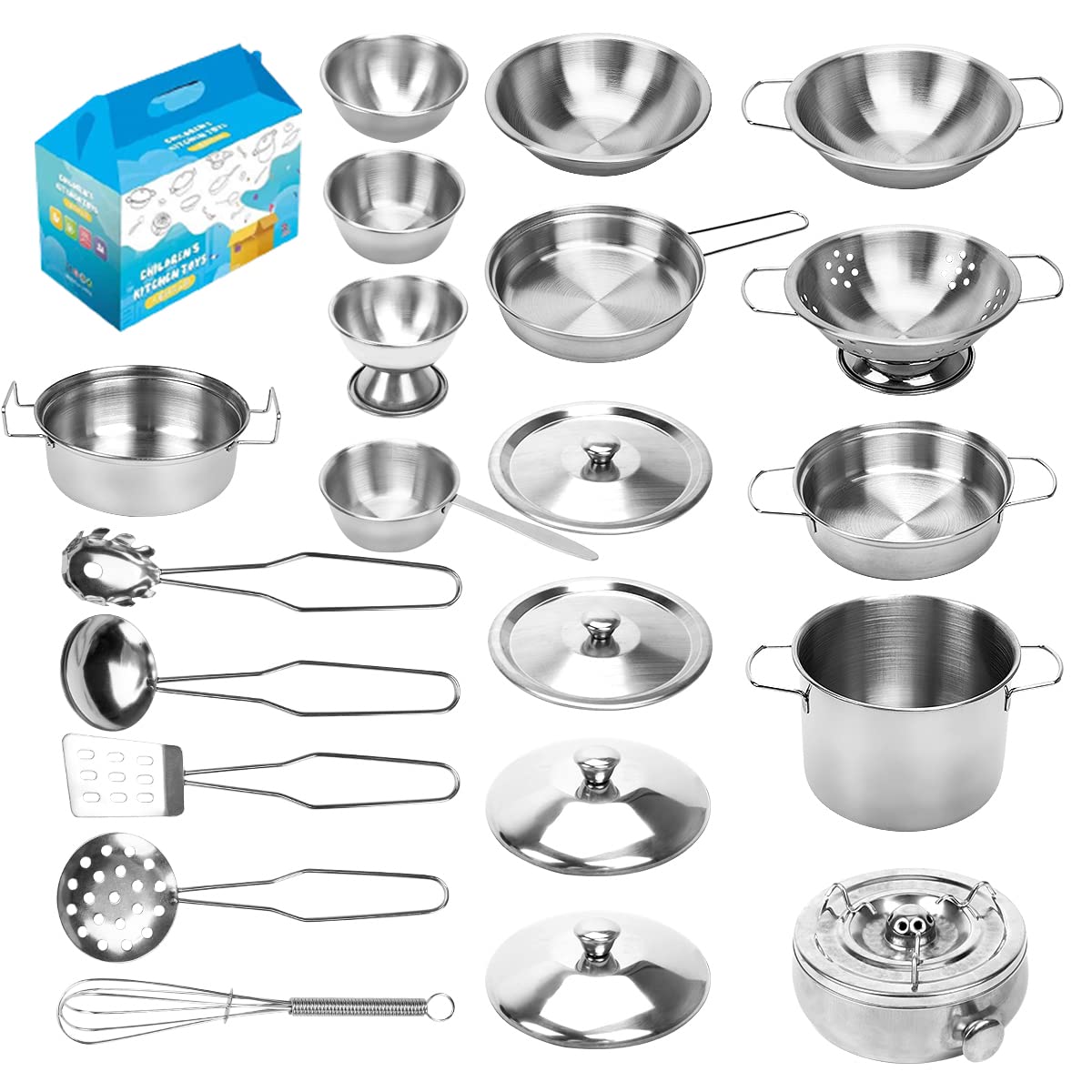 Photo 1 of TekkPerry Kids Kitchen Pretend Play Toys, Cooking Toys Play Pots and Pans Set for Kids, 21pcs Small Stainless Steel Kitchen Cookware Kits Toys, Cookware Playset for Girls, Boys