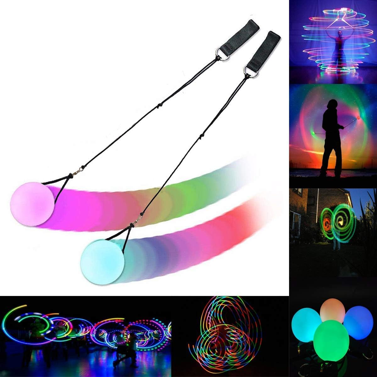 Light Up LED 9 Modes Poi Ball Spinning Poi Toy for Beginner & Professional - Juggling Thrown Ball Multi Color - Spinning LED Light Up Toy