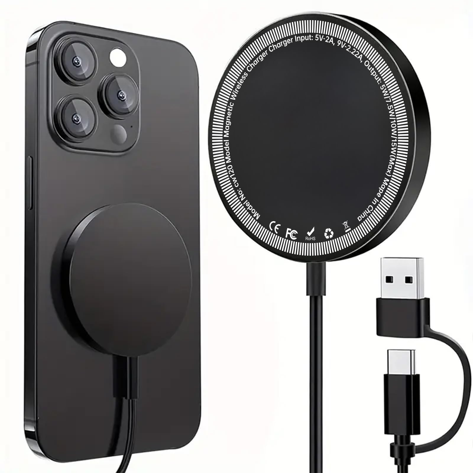 Magnetic Wireless Charger, 15W Fast Charging Pad, Ultra Slim Portable Charger with USB-C & USB-A Cable, Strong Magnetic Alignment Compatible with iPhone 17/16/15/14/13/12 Series, AirPods 4/3/2/Pro