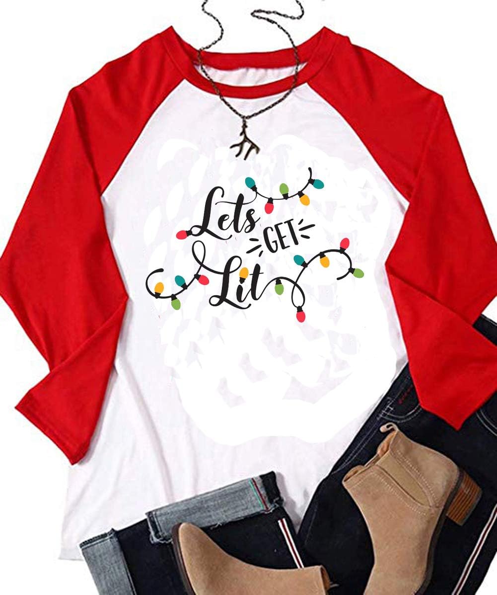 Lets Get Lit Christmas Shirt Women Lights Funny Holiday Christmas Casual T-Shirt Tops
