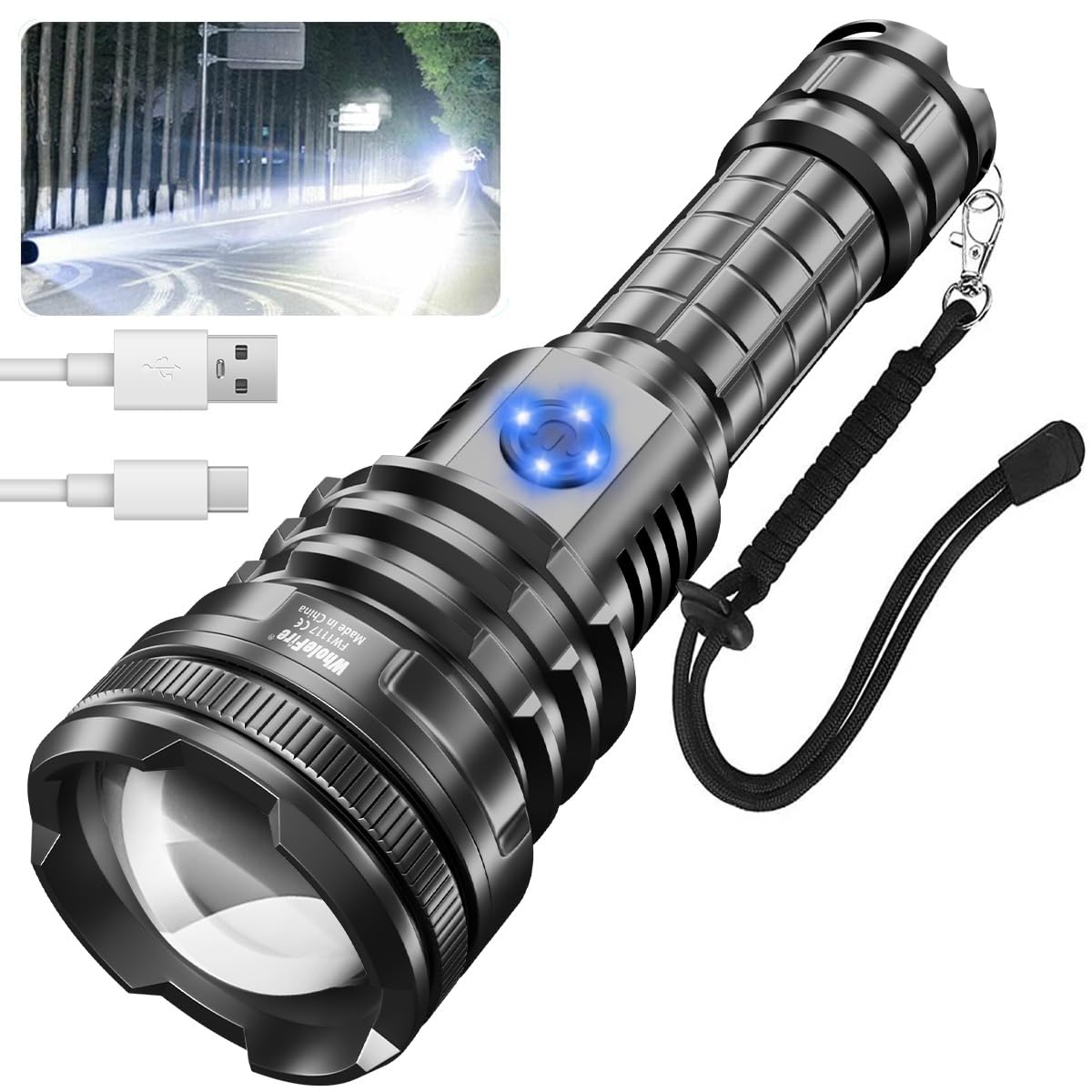 WholeFire 90000 Lumens Torches LED Super Bright Rechargeable, Tactical LED Torch Battery Powered, 5 Modes Telescopic Torch, Thickened Lens and Long Lasting, IPX4 Waterproof for Hiking Camping