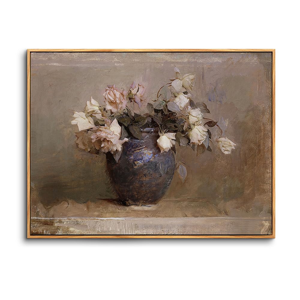 hyidecorart Wooden Framed Canvas Wall Art for Living Room, 20"x30" Roses in Vase Vintage Bedroom Decor Aesthetic, Paintings Artwork Wall Decorations for Desktop Office Bathroom Hallway Dining Room