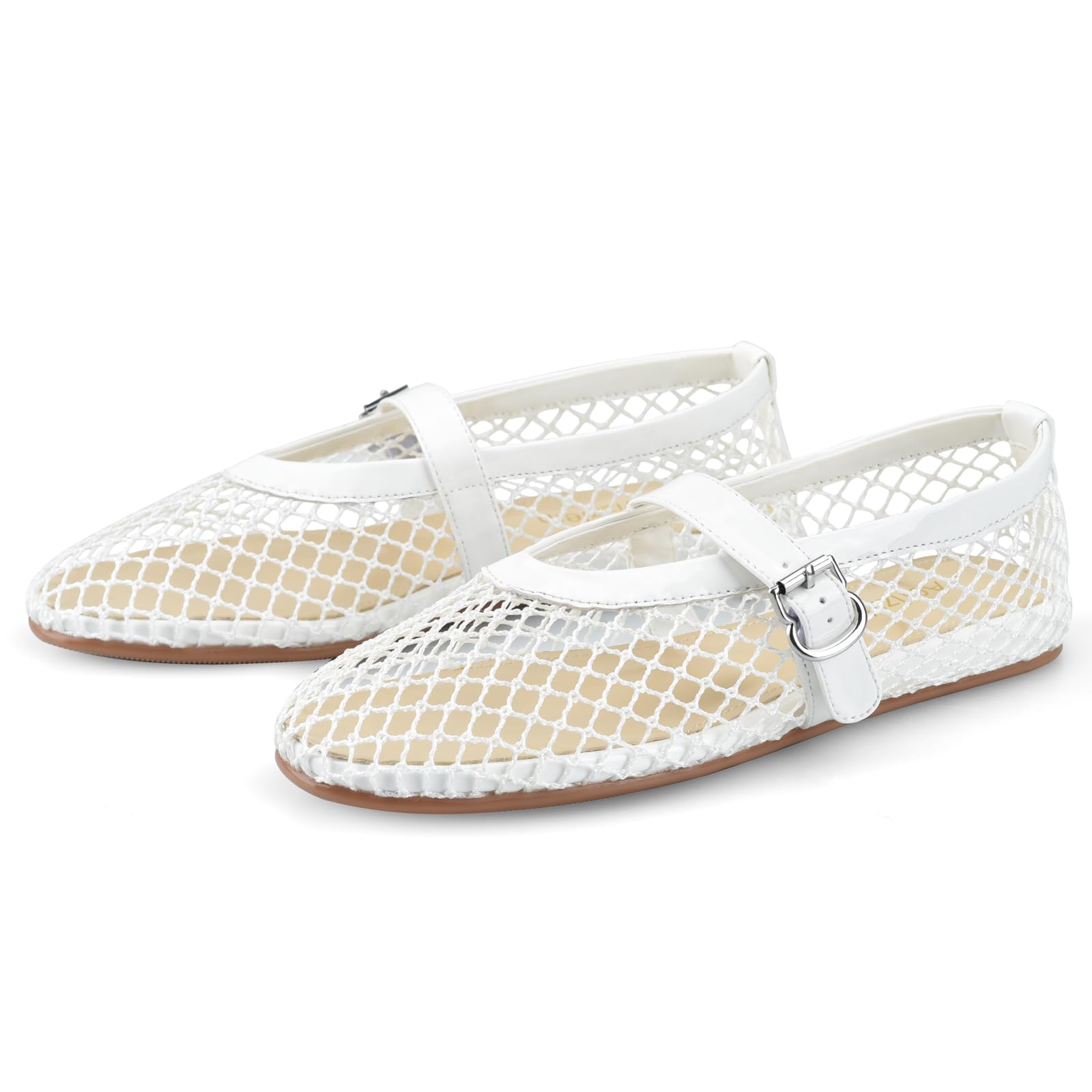 Photo 1 of Adrizzlein Mesh Ballet Flats for Women White Ballerina Flats Buckle Strap Mesh Ballet Shoes Wide Width Fishnet Casual Summer Dress Flat Shoes White Size 9