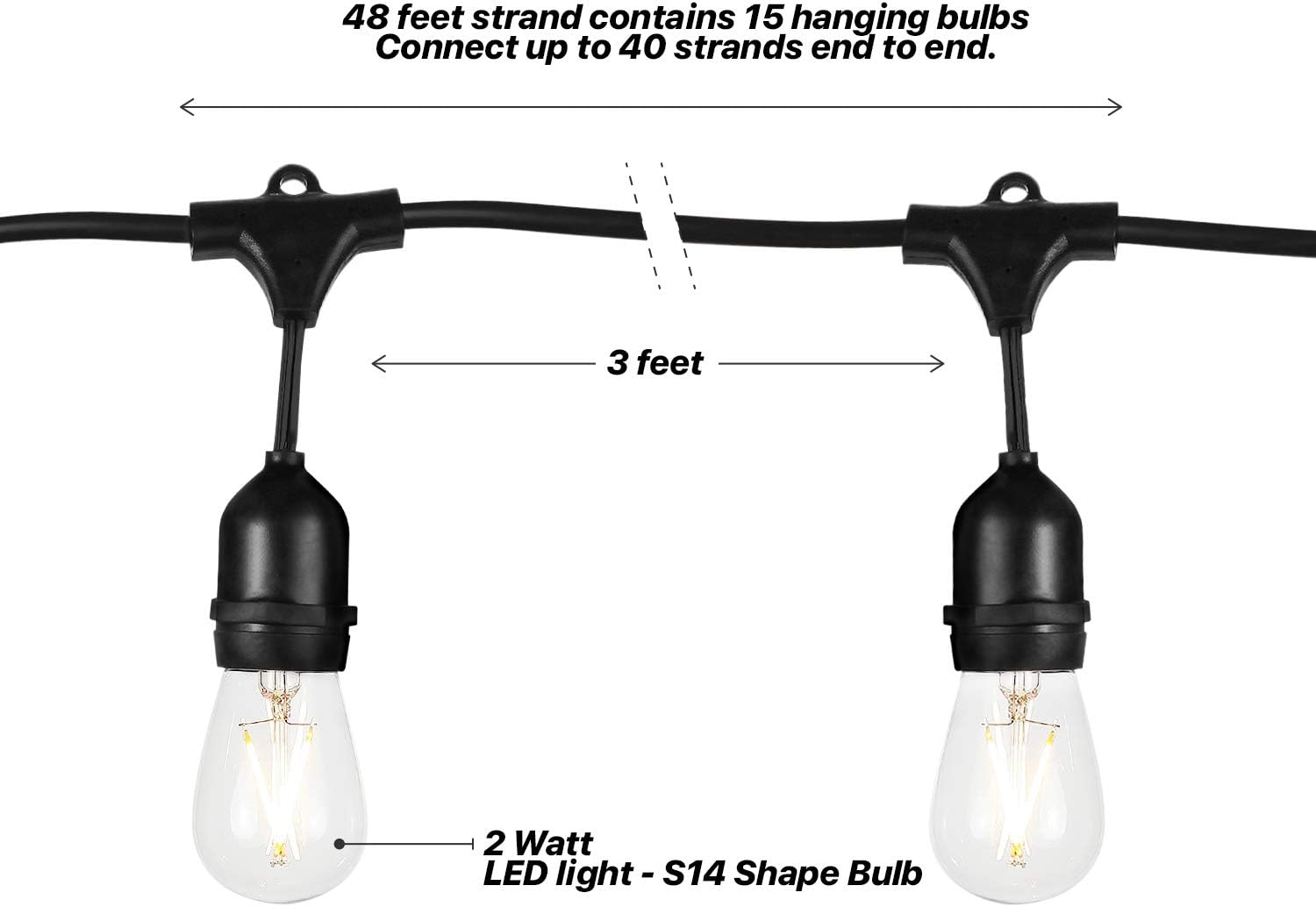 Brightech Ambience Pro - Waterproof LED Outdoor String Lights - Hanging, Dimmable 2W Vintage Edison Bulbs - 48 Ft Commercial Grade Patio Lights Create Cafe Ambience in Your Backyard - Warm White : Garden & Outdoor