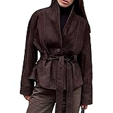 Antinson Womens Faux Suede Jacket with Belt Long Sleeve Button Down Belted Suede Leather Jacket Coats