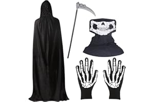 BILLMOSS Halloween Grim Reaper Costume - Hooded Cloak Velvet Black Cloak with Scythe Skull Mask Skeleton Gloves Grim Reaper Party Costumes for Kids