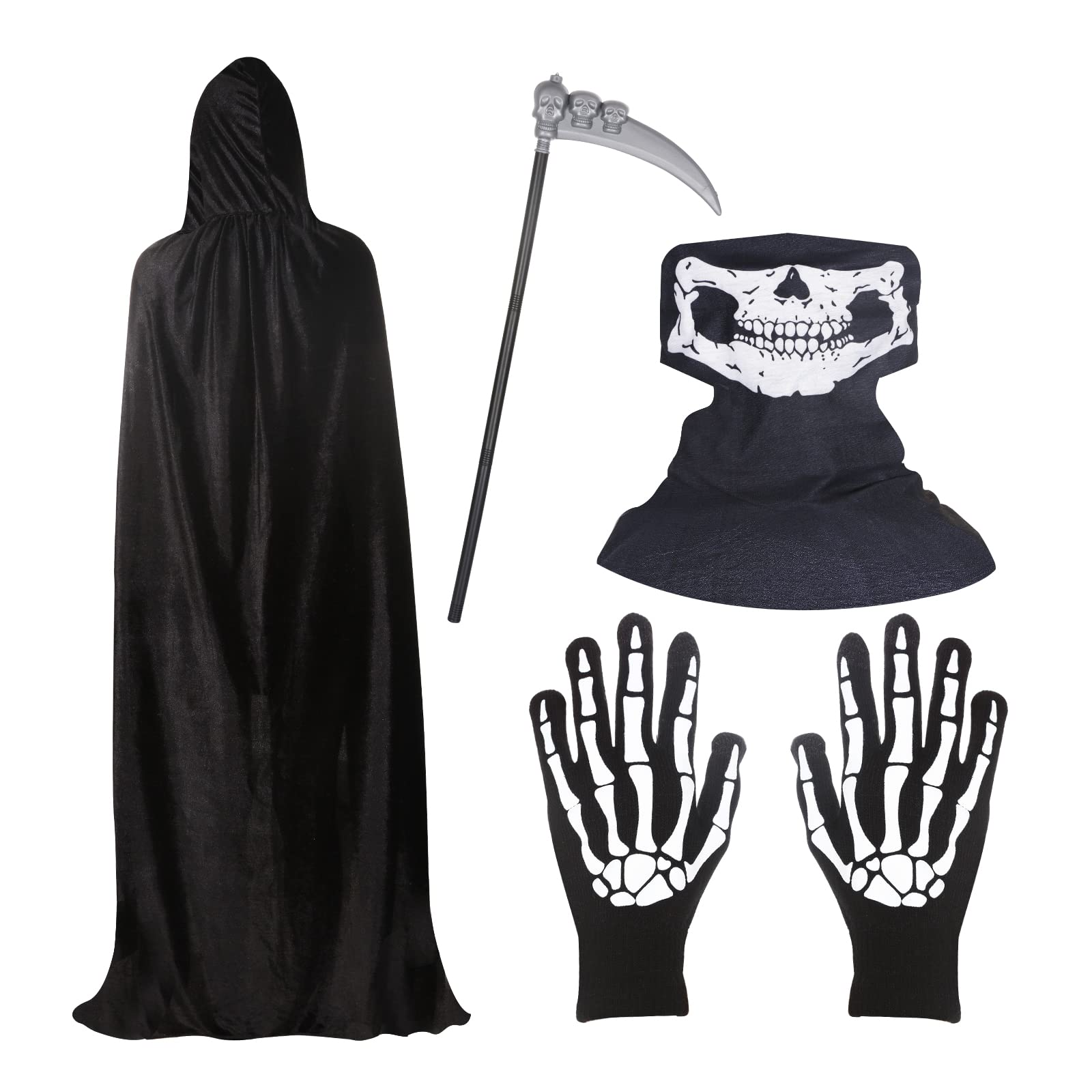 Photo 1 of BILLMOSS Halloween Grim Reaper Costume - Hooded Cloak Velvet Black Cloak with Scythe Skull Mask Skeleton Gloves Grim Reaper Party Costumes for Kids