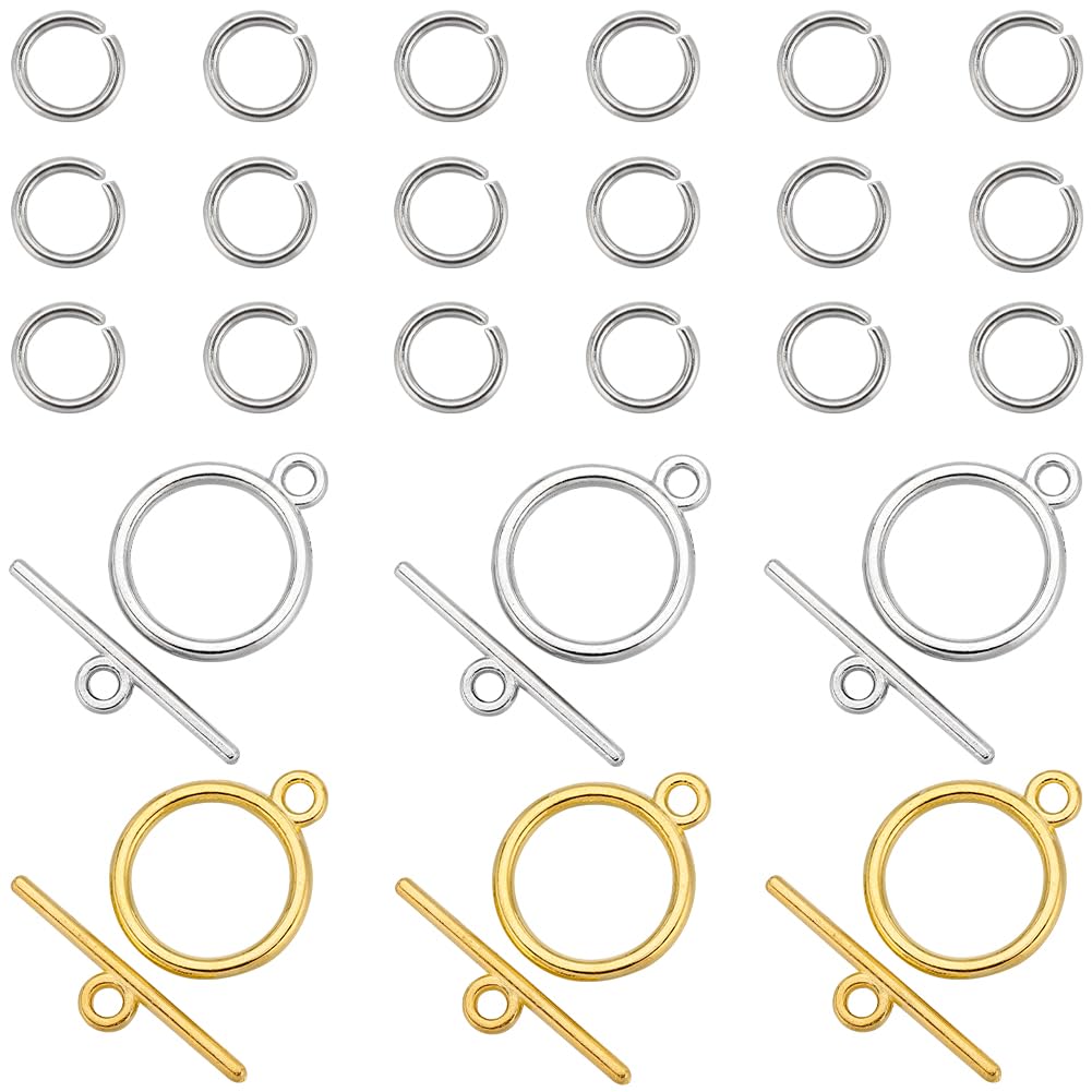 SUNNYCLUE 1 Box 60 Sets OT Clasps Gold Toggle Clasp 200Pcs Stainless Steel Open Jump Rings Tibetan Silver Alloy Round Metal Toggle Clasps Connectors for Jewellery Making DIY Crafts Necklace Bracelet