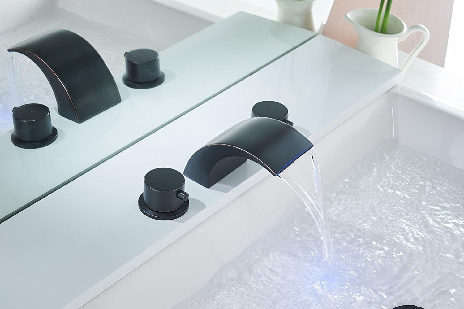Homevacious Widespread Bathroom Sink Faucet Led Light Waterfall Oil Rubbed Bronze Bath Tub Garden 8-16 inch 2 Handles 3 Holes Black Commercial Lavatory Faucets Modern Contemporary Basin Mixer Tap - - 