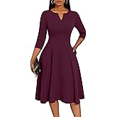 Nmoder Midi Dresses for Women A-Line Fit and Flare Dress 3/4 Sleeve V Neck Cocktail Wedding Guest Work Dress with Pockets