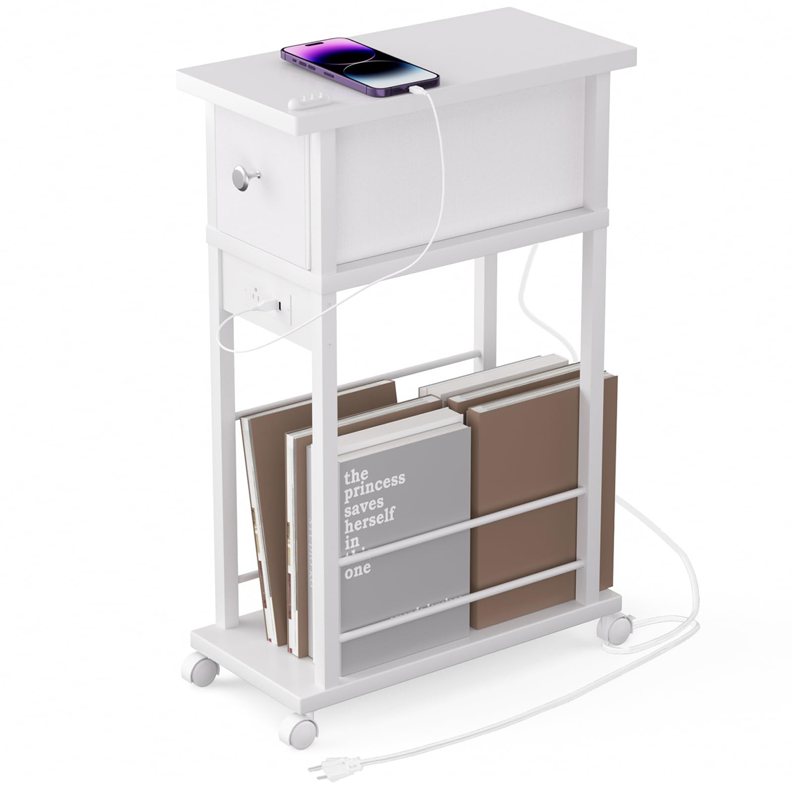 Photo 1 of DGSANDGO Side Table with Charging Station and Drawer, Narrow End Table with USB Ports and Outlets for Small Space, Living Room, Bedroom and Office, with 4 Wheels (1, White)