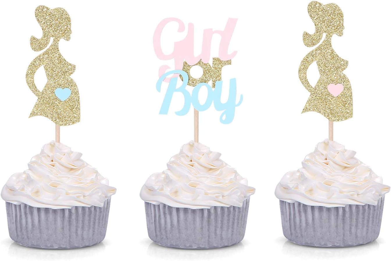 Set of 24 Gold Gender Reveal Cupcake Toppers Girl or Boy Pink or Blue Party Decorations