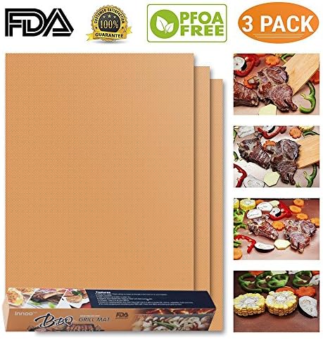 BBQ Grill Mat – Set of 3 Non Stick Grill Mats – Essential Grilling Accessories and BBQ Tools (3, Gold)