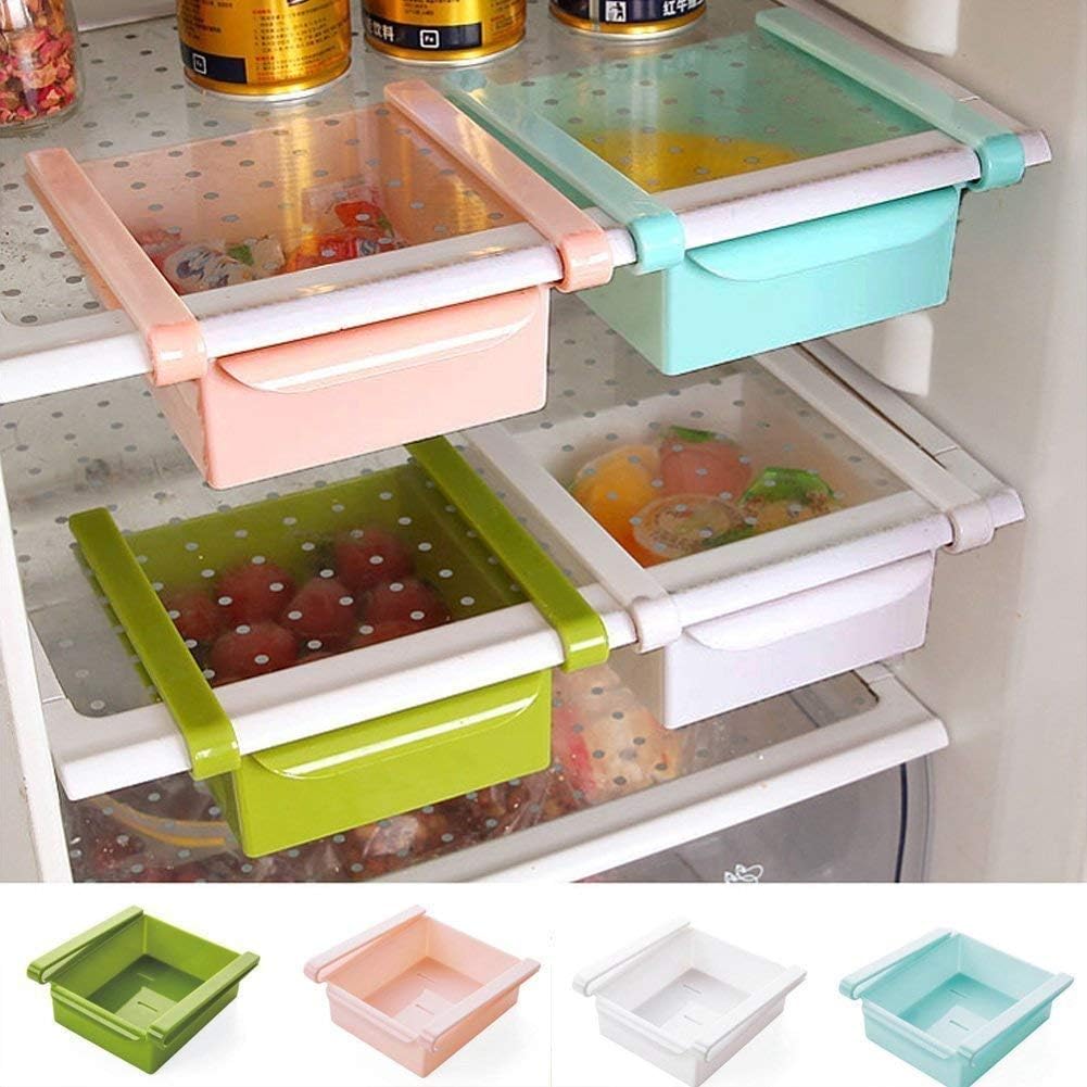 ZEVORA Fridge Storage Sliding Drawer Freezer Storage Shelf Multipurpose Refrigerator Organizer Space Saver(Assorted Colour, Pack of 4)