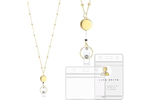 PRUDIUT Lanyards for Id Badges Stainless Steel Badge Lanyard with 2 Pcs Waterproof Badge Holder Retractable Badge Lanyards Teacher Lanyard for Cruise Ship Key Cards Id Badges (Gold)