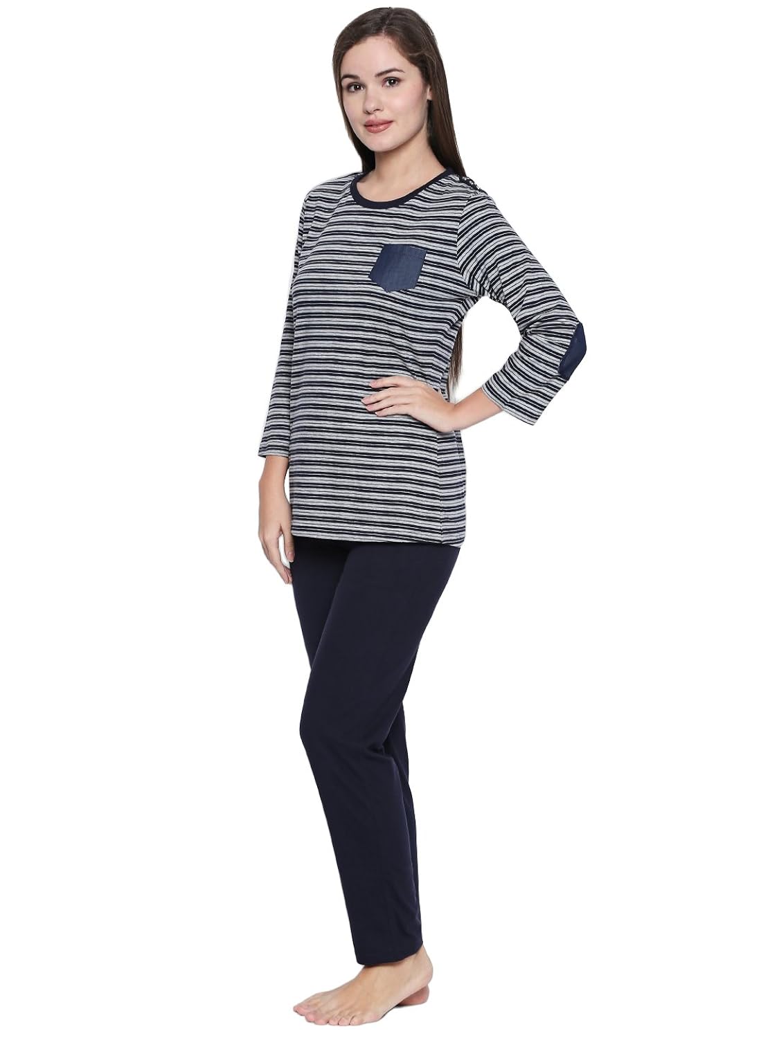 valentine women's navy blue lycra fabric 3/4th sleeves night suit