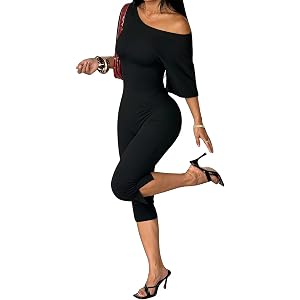 Verdusa Women's Capri Jumpsuit Off Shoulder One Piece Summer Romper Catsuit | One Shoulder Sexy Romper Suitable For Night Out