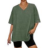 UNCLECAT Oversized Tshirts for Women V Neck Short Sleeve Tops Summer Athletic Casual Loose Fit Side Slit Basic Tee