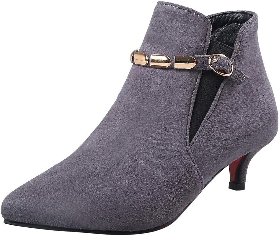 COPPEN Women Boots High Heels Chain Ankle Suede Pointed Toe Shoes Buckle-Strap Gray