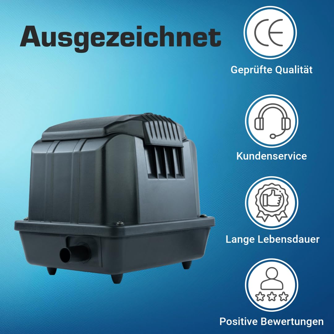 Teichbelüfter 3600 L/H stufenlos regulierbar, 35 Watt Sauerstoffpumpe für Teich, Membranpumpe 60 L/Min, Teichbelüftung, Luftpumpe Teich, Belüfterpumpe für Gartenteiche, Teichbelüftungspumpe 4