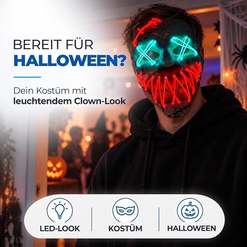 Máscara LED de Palhaço de Halloween - Controlável a partir de Purge, Rosto Luminoso, para Halloween, Vestido Elegante e Carnaval como Fantasia para Homens e Mulheres (Escolha de — foto 4 de 6