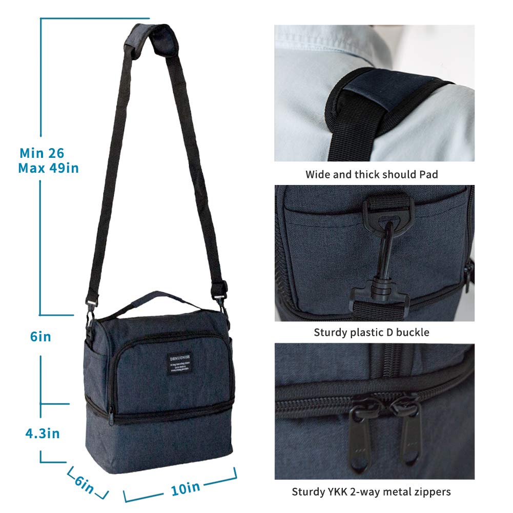Lunch Bag Insulated Lunch Box, 2 Compartment Leakproof Cooler Tote Bag with Adjustable Shoulder Strap for Women,men,kids, Thermal Lunch Food Bag for Office/Picnic/Travel/Camping - Dark Blue
