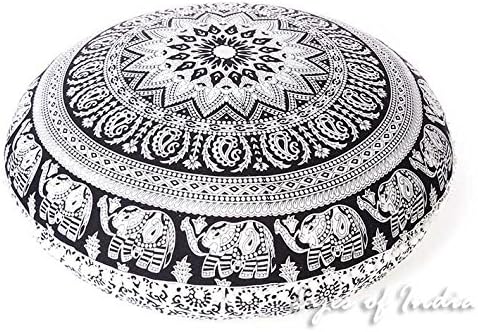 EYES OF INDIA - 32" White Black Mandala Floor Pillow Cover Meditation Cushion Seating Throw Hippie Round Colorful Decorative Bohemian Indian boho dog bed COVER ONLY
