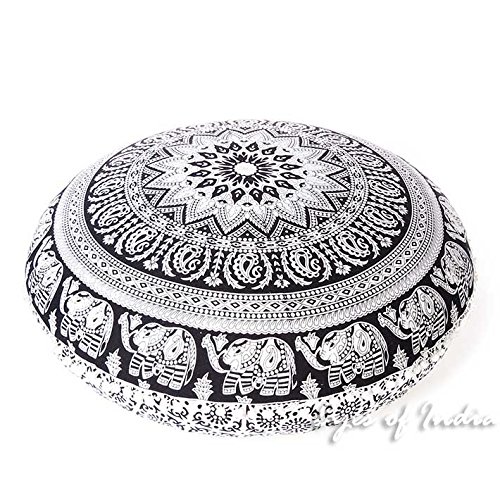 Eyes Of India Cuscino CopriFedera Rotondo Mandala, Bianco E Nero, Morbido E Lavabile, Stile Boho Hippie