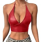 Women's Faux Vinyl PVC Leather Camisole V Neck Sleeveless Micro Vest Crop Bustier Top