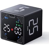 Ticktime Pomodoro Timer Cube, with 25/5 Auto Cycles, 3/5/10/15/25/45/60 Min Presets, Custom Timer, Stopwatch, Magnetic, Rechargeable, Silent, Vibrate &amp; Sound, for Task, ADHD, Study, Black