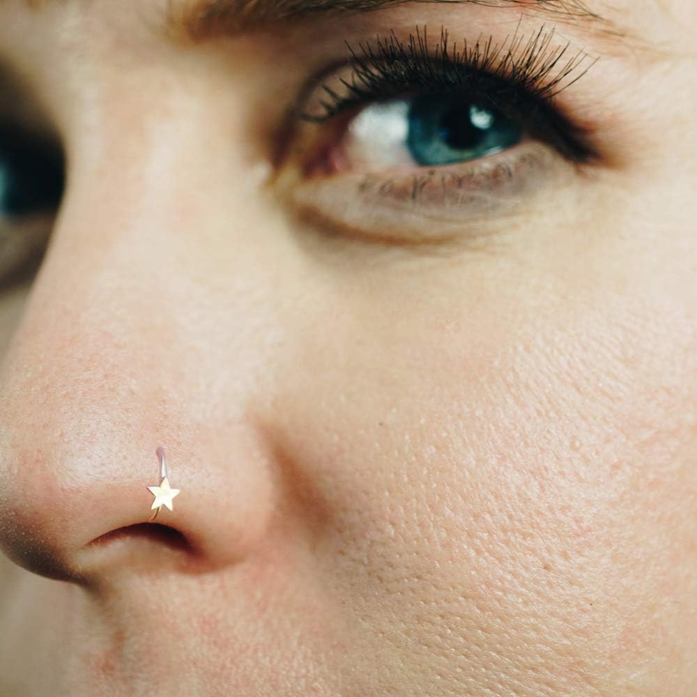 AZARIO LONDON 14K Solid Yellow Gold Plain Flat Star 22 Gauge - 8MM Diameter Open Hoop Nose Piercing Ring Jewellery - Image 5