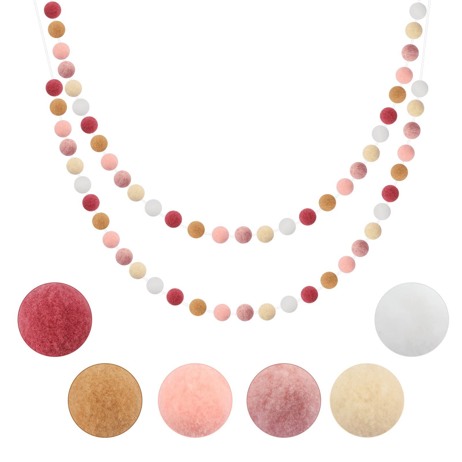 G2PLUS 2PCS Pre-strung Felt Ball Pom Pom Garland, 60 Balls, Pink and White Nursery Decor, Hanging Decoration for Christmas Party Nursery Room — image 1