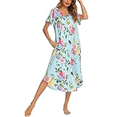 YOZLY Cotton Nightgowns for Women Short Sleeve Long Night Gowns Soft V Neck Sleepwear with Pockets