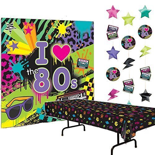 80s Party Decorations Bundle of 3 - Plastic Tablecover, Giant Wall Scene Setter and String Decorations by Multiple