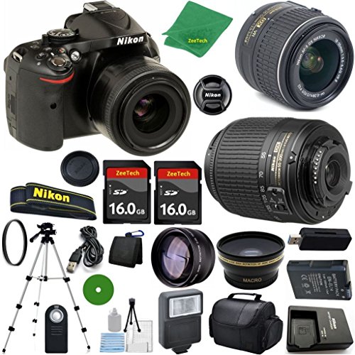 Nikon D5200 24.1 MP CMOS Digital SLR, NIKKOR 18-55mm f/3.5-5.6 Auto Focus-S DX VR, Nikon 55-200mm f4-5.6G ED Auto Focus-S DX Nikkor, 2pcs 16GB ZeeTech Memory, Case, Wide Angle, Telephoto, Flash