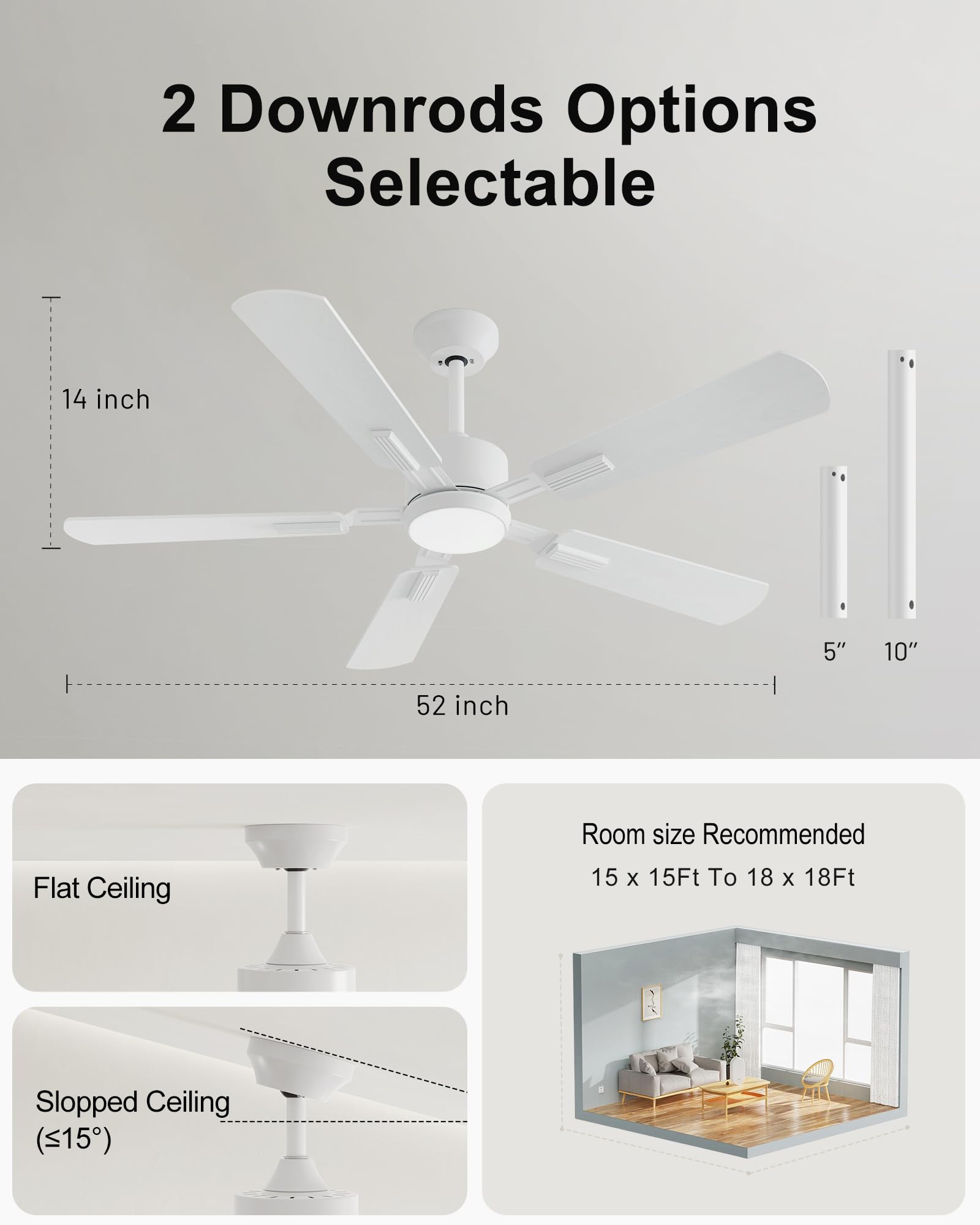 CubiCubi Ceiling Fans with Lights, 52 inch Gray Ceiling Fan with Light and Remote/APP, Dimmable, Super Quiet, Modern Ceiling Fan for Indoor Bedroom, Living Room, Kitchen