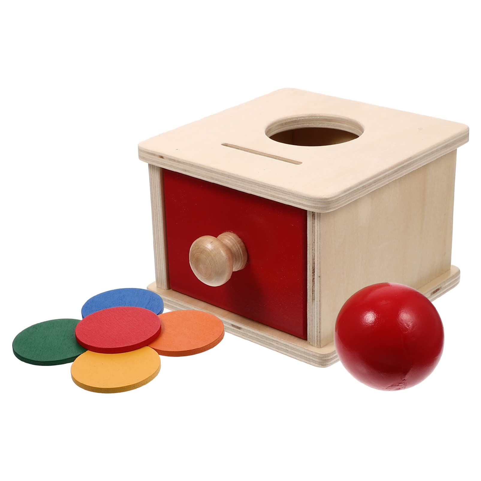 Toyvian Montessori Toys Wooden Object Permanence Box Coin&Ball 2-in-1 Drop Box for Infant Educational Toy,12X12X8.5CM