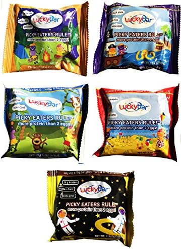 Luckybar Kids Protein Bar - Variety Pack - 5 Count Chocolate, Strawberry, Peanut Butter, Chocolate Caramel Almond, and Coconut