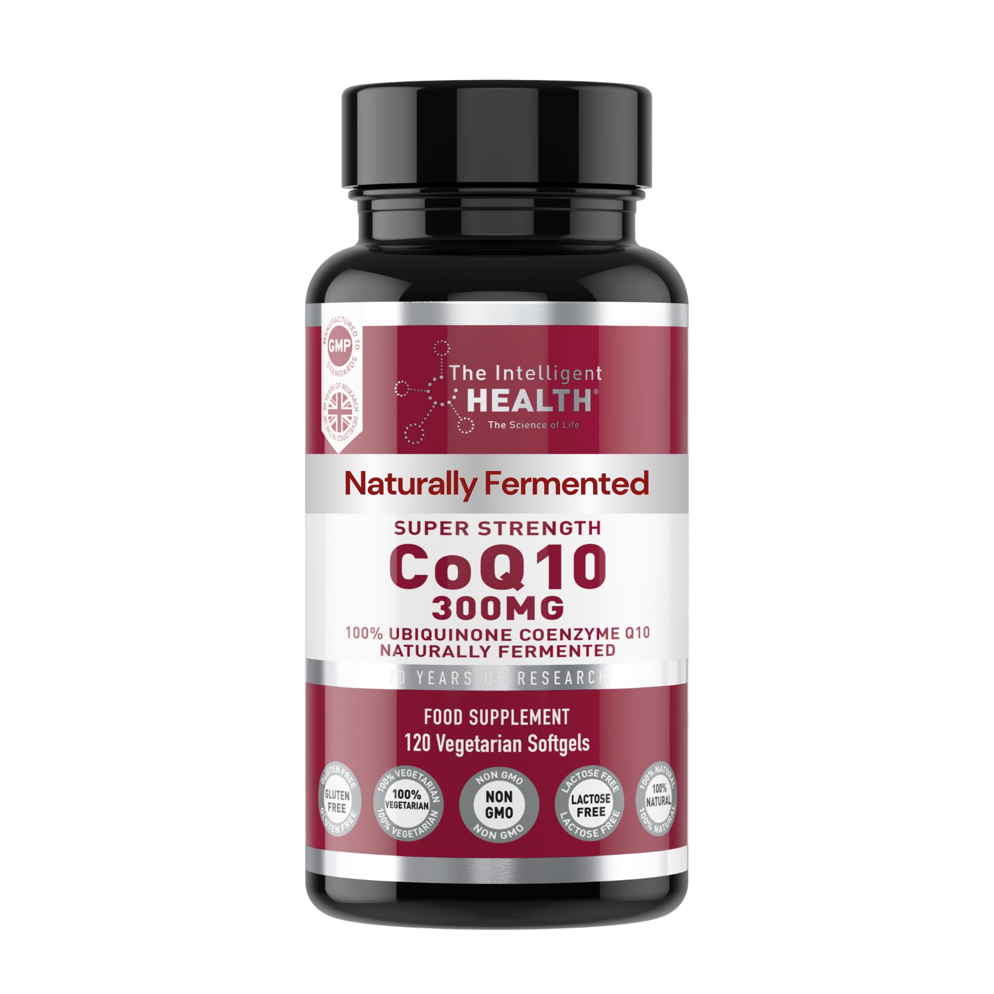 The Intelligent Health CoQ10 Supplement, Fermented Coenzyme Q10 Ubiquinone for Women & Men, Easy to Swallow 300mg 120 Vegetarian Softgels, 4 Months Supply