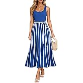 Womens Casual Summer Dresses Formal Sleeveless Crewneck Tie Waist A Line Midi Long Maxi Dress
