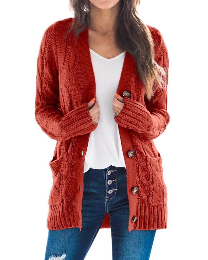 Goranbon Women's Cable Knit Cardigan Long Sleeve Open Front Button Down Knitwear Sweater Coat Rust Image