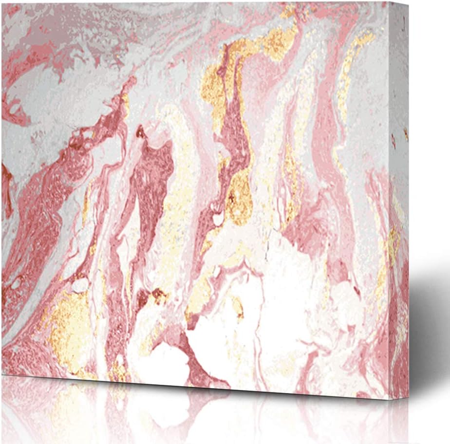 InterestDecor Canvas Prints Wall Art 16"x16" Drawn Pink Pattern Abstract Marble Gold Watercolor Wall Water Effect Ink Stone Modern Artwork Home Decor Wrapped Gallery Painting